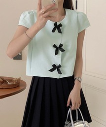 LAFFMO（ラフモ）の「ノーカラーフロントリボンショートトップス（カーディガン/ボレロ）」