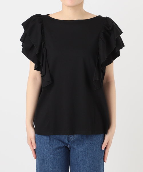 【タグ付】TO BE CHIC UVカット フリル カットソー（40 黒） ブライトクロス タックフリルブラウス(トップス)｜TO BE CHIC