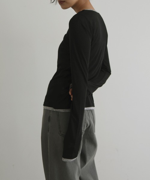 hellam（へラム）の「配色ヘンリーネックシアートップス（Tシャツ/カットソー・レディース・マスタード/ブラウン/アイボリー/ブラック/杢グレー・FREE）」の20枚目の写真