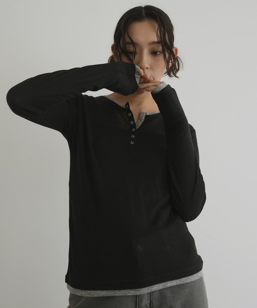 hellam（へラム）の「配色ヘンリーネックシアートップス（Tシャツ/カットソー・レディース・マスタード/ブラウン/アイボリー/ブラック/杢グレー・FREE）」の21枚目の写真