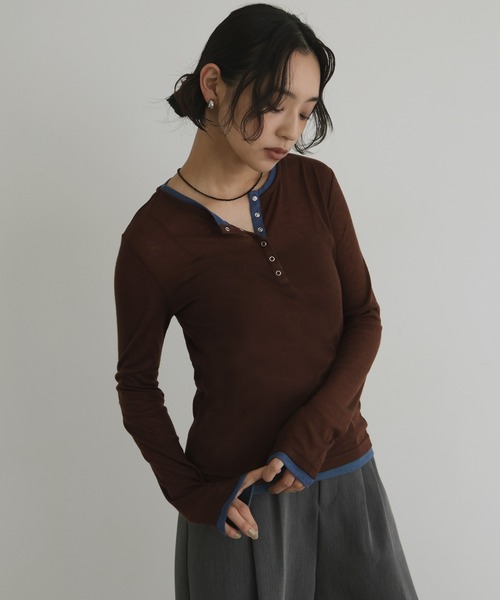 セール】配色ヘンリーネックシアートップス（Tシャツ/カットソー