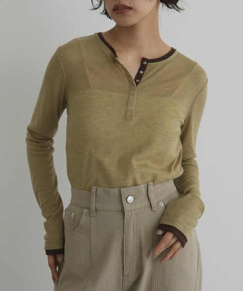 配色ヘンリーネックシアートップス（Tシャツ/カットソー）｜hellam（へ