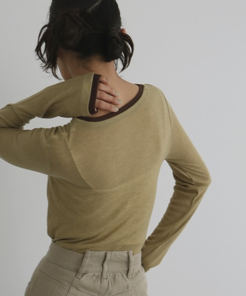 hellam（へラム）の「配色ヘンリーネックシアートップス（Tシャツ/カットソー・レディース・マスタード/ブラウン/アイボリー/ブラック/杢グレー・FREE）」の15枚目の写真