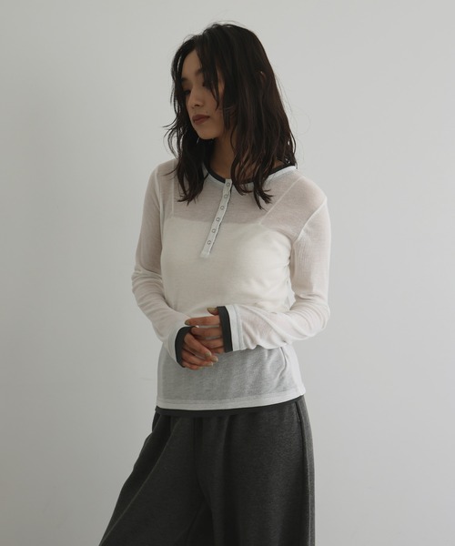 hellam（へラム）の「配色ヘンリーネックシアートップス（Tシャツ/カットソー・レディース・マスタード/ブラウン/アイボリー/ブラック/杢グレー・FREE）」の7枚目の写真