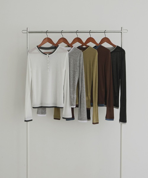 hellam（へラム）の「配色ヘンリーネックシアートップス（Tシャツ/カットソー・レディース・マスタード/ブラウン/アイボリー/ブラック/杢グレー・FREE）」の12枚目の写真