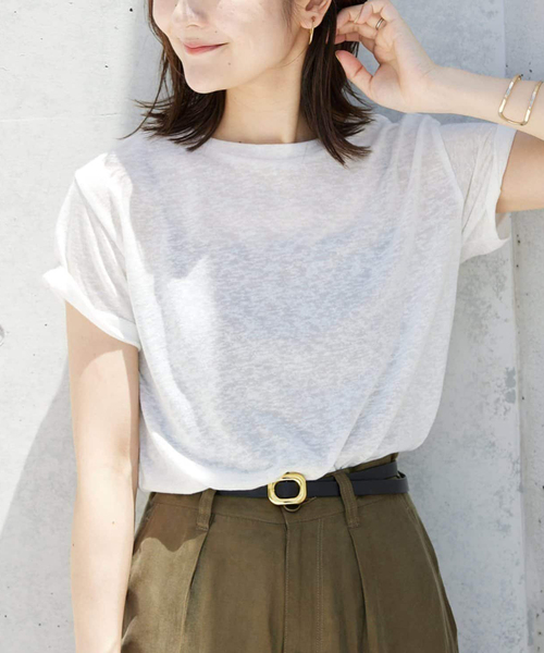 SLOBE IENA（スローブイエナ）の「《追加2》スラブ5分袖TEE（Tシャツ/カットソー・レディース・ネイビー/ベージュ/スカイブルー/ホワイト・FREE）」の11枚目の写真