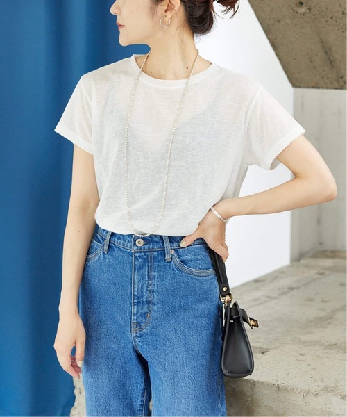 SLOBE IENA（スローブイエナ）の「《追加2》スラブ5分袖TEE（Tシャツ/カットソー・レディース・ネイビー/ベージュ/スカイブルー/ホワイト・FREE）」の22枚目の写真