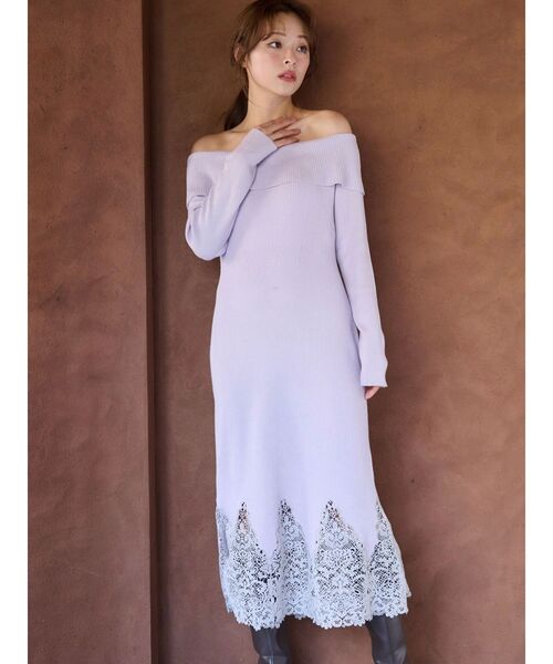 MERCURYDUO（マーキュリーデュオ）の「レーストリムオフショルニットワンピース（ワンピース・レディース・ラベンダー/ベージュ/ブラック・SMALL/MEDIUM）」の5枚目の写真