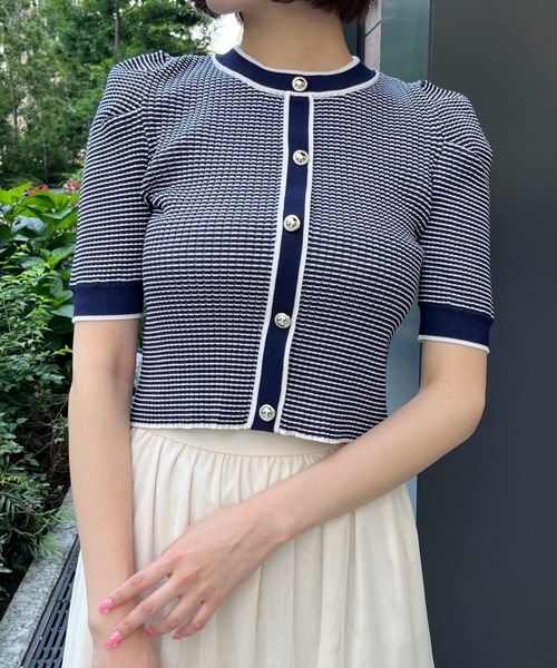 AND COUTURE(アンドクチュール)の「ボーダー配色5分袖プルオーバー(ニット/セーター・レディース・ネイビー/ボルドー/ブラック・FREE)」の2枚目の写真