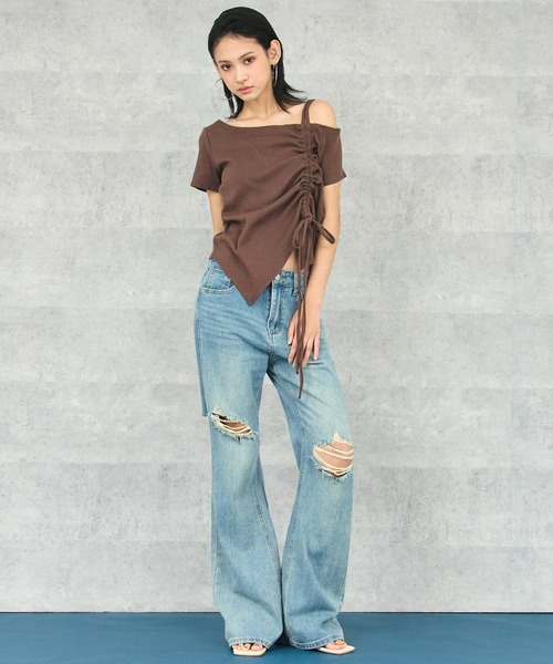 ANAP(アナップ)の「サイド ギャザー デザイン ワンショルダー リブ トップス(Tシャツ/カットソー・レディース・キナリ/ダークグレー/ブラウン・FREE)」の14枚目の写真
