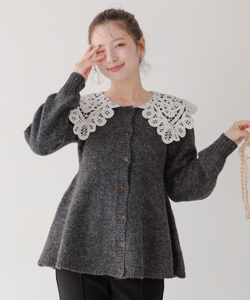 【Fit more】バテンレース襟 ニットカーディガン セール】バテンレース衿カーディガン（カーディガン/ボレロ）｜Fit