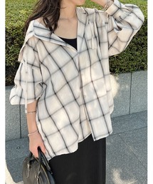 無地orチェック柄フード付きオーバーサイズシャツ