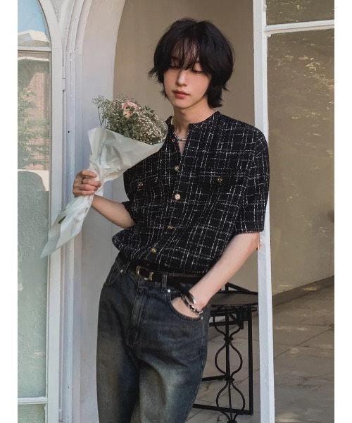 GGD SELECT(ジージーディー セレクト)の「【ACLOE】 サマーツイード チェックシャツ 半袖 Tシャツ(シャツ/ブラウス・メンズ・ブラック/ホワイト・LARGE/MEDIUM)」の2枚目の写真