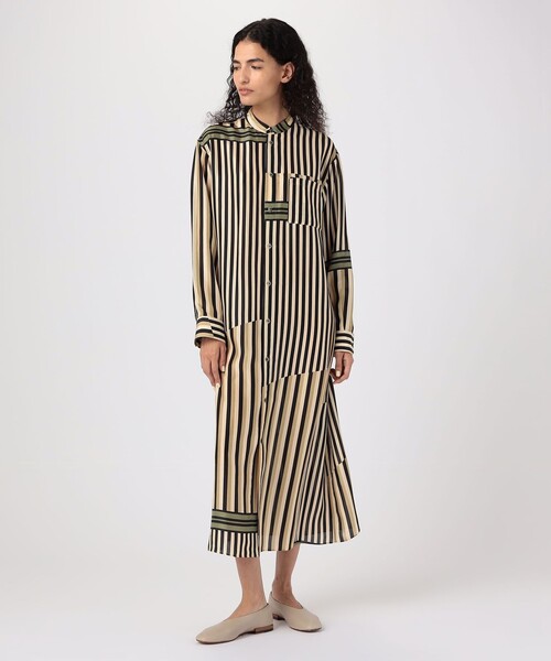 ☆新品 タグ付☆トゥモローランGALERIE VIEシャツワンピース シルクハブタエストライププリント バンドカラーシャツワンピース