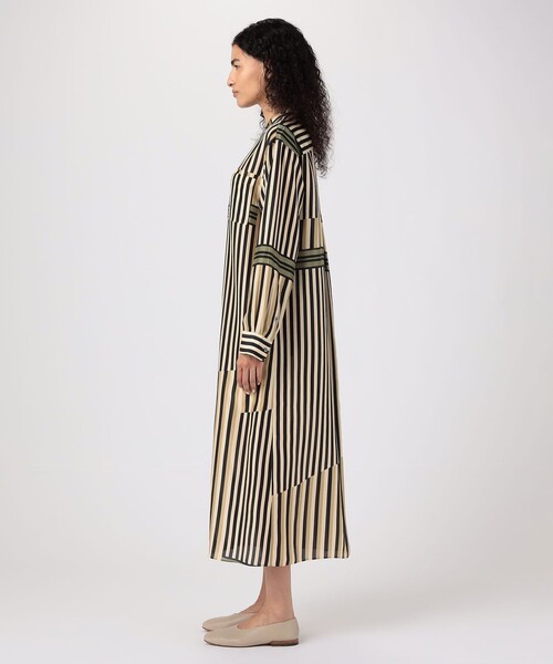 シルクハブタエストライププリント バンドカラーシャツワンピース