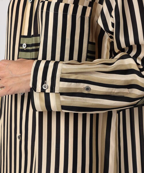 シルクハブタエストライププリント バンドカラーシャツワンピース