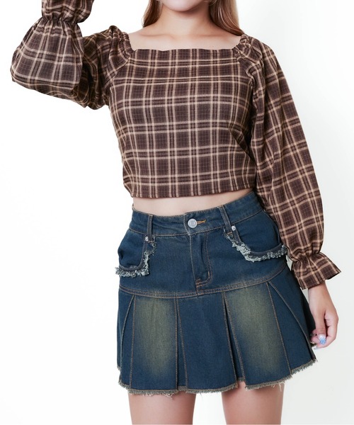 GORGE（ゴージ）の「《前後2WAY×スクエアネック》レディース チェック ブラウス シャーリングリボン 短丈 春秋冬（シャツ/ブラウス・レディース・ブラック/レッド/ブラウン・F）」の8枚目の写真