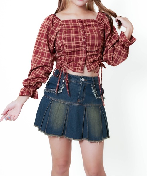 GORGE（ゴージ）の「《前後2WAY×スクエアネック》レディース チェック ブラウス シャーリングリボン 短丈 春秋冬（シャツ/ブラウス・レディース・ブラック/レッド/ブラウン・F）」の12枚目の写真
