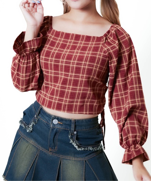 GORGE（ゴージ）の「《前後2WAY×スクエアネック》レディース チェック ブラウス シャーリングリボン 短丈 春秋冬（シャツ/ブラウス・レディース・ブラック/レッド/ブラウン・F）」の13枚目の写真