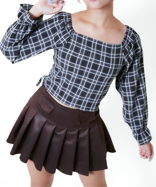 GORGE（ゴージ）の「《前後2WAY×スクエアネック》レディース チェック ブラウス シャーリングリボン 短丈 春秋冬（シャツ/ブラウス・レディース・ブラック/レッド/ブラウン・F）」の5枚目の写真