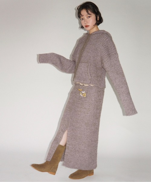 musubore（ムスボレ）の「feather yarn knit hoodie / フェザーヤーンニットフーディー（ニット/セーター・レディース・パープル/ブラック/カーキ・FREE）」の12枚目の写真