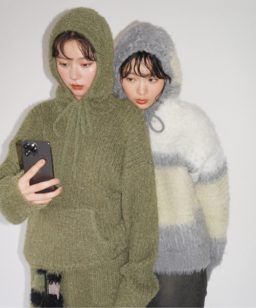 セール】feather yarn knit hoodie / フェザーヤーンニットフーディー