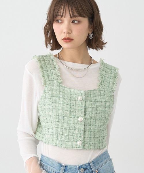 earth music&ecology(アースミュージックアンドエコロジー)の「フリンジツイードビスチェ(ベスト・レディース・グリーン/ブラック/アイボリー・FREE)」の3枚目の写真