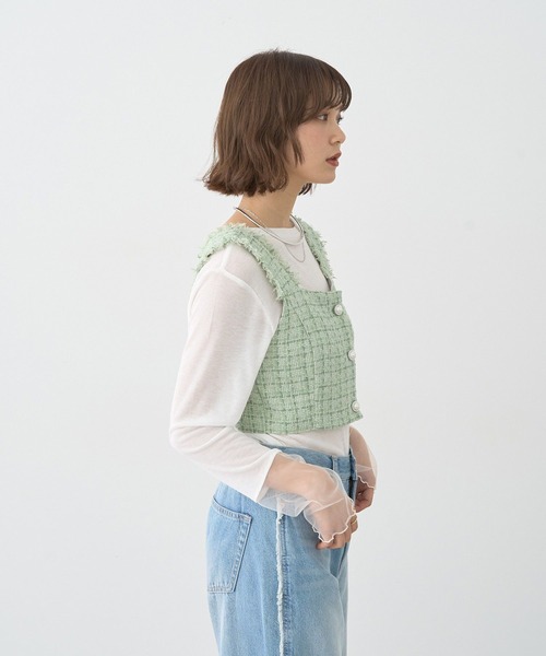 earth music&ecology(アースミュージックアンドエコロジー)の「フリンジツイードビスチェ(ベスト・レディース・グリーン/ブラック/アイボリー・FREE)」の19枚目の写真