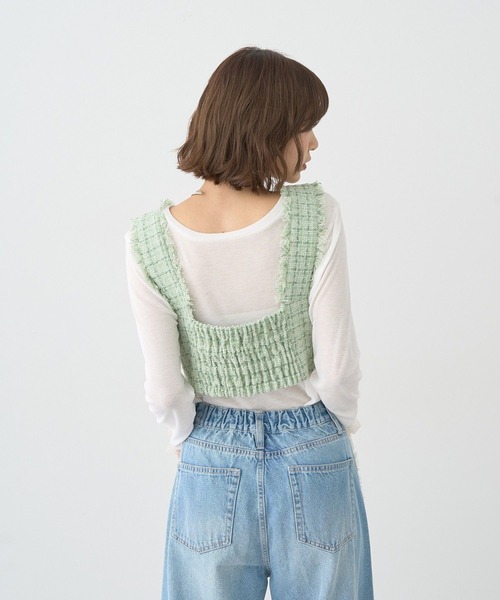 earth music&ecology(アースミュージックアンドエコロジー)の「フリンジツイードビスチェ(ベスト・レディース・グリーン/ブラック/アイボリー・FREE)」の20枚目の写真