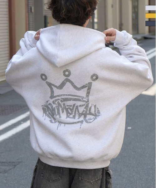 ILL'S（イルズ）の「ビッグシルエット フェード8ボール / クラウン バックプリントパーカー フーディー ユニセックス（パーカー・メンズ・アッシュグレー/チャコールグレー/グレー系/イエロー系その他/ライトグレー系/イエロー・M/L）」の3枚目の写真