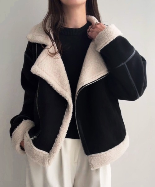 JUNOAH（ジュノア）の「ボアフェイクムートン（ムートンコート・レディース・ブラック/グレイッシュベージュ/ブラウン・MEDIUM/SMALL/LARGE）」の4枚目の写真