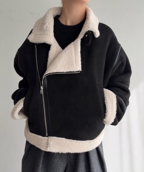 JUNOAH（ジュノア）の「ボアフェイクムートン（ムートンコート・レディース・ブラック/グレイッシュベージュ/ブラウン・MEDIUM/SMALL/LARGE）」の6枚目の写真