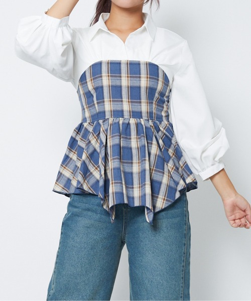 GORGE(ゴージ)の「《ドッキング風デザイン》レディース チュニック 袖タック ゆったりシルエット 春秋冬(チュニック・レディース・ブルー/ボルドー/ブラック・F)」の1枚目の写真