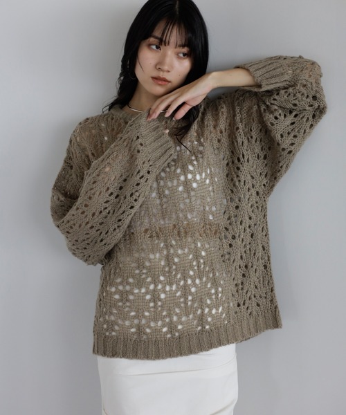 ENC（エンク）の「acrylic mohair low gauge knit / 透かし柄編みアクリルモヘアニット（ニット/セーター・レディース・ダークグレー/アイボリー/ベージュ系その他・FREE）」の3枚目の写真