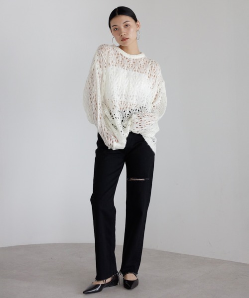 ENC（エンク）の「acrylic mohair low gauge knit / 透かし柄編みアクリルモヘアニット（ニット/セーター・レディース・ダークグレー/アイボリー/ベージュ系その他・FREE）」の4枚目の写真