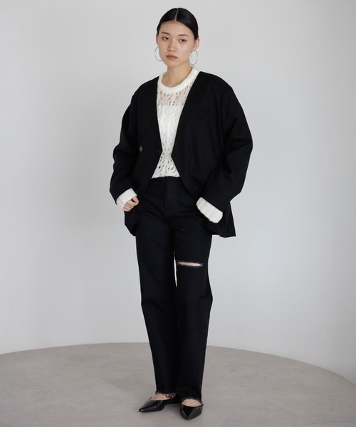 ENC（エンク）の「acrylic mohair low gauge knit / 透かし柄編みアクリルモヘアニット（ニット/セーター・レディース・ダークグレー/アイボリー/ベージュ系その他・FREE）」の5枚目の写真