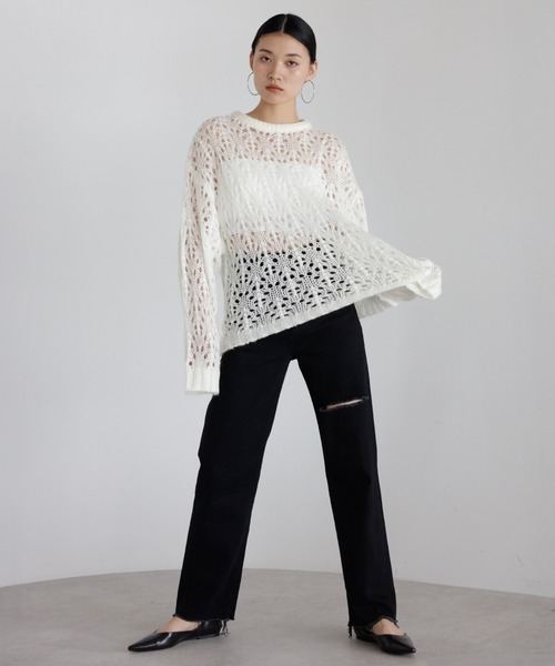 ENC（エンク）の「acrylic mohair low gauge knit / 透かし柄編みアクリルモヘアニット（ニット/セーター・レディース・ダークグレー/アイボリー/ベージュ系その他・FREE）」の7枚目の写真