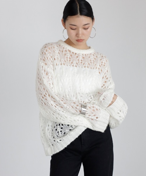 ENC（エンク）の「acrylic mohair low gauge knit / 透かし柄編みアクリルモヘアニット（ニット/セーター・レディース・ダークグレー/アイボリー/ベージュ系その他・FREE）」の8枚目の写真