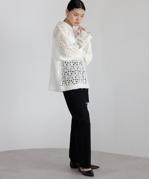 ENC（エンク）の「acrylic mohair low gauge knit / 透かし柄編みアクリルモヘアニット（ニット/セーター・レディース・ダークグレー/アイボリー/ベージュ系その他・FREE）」の9枚目の写真