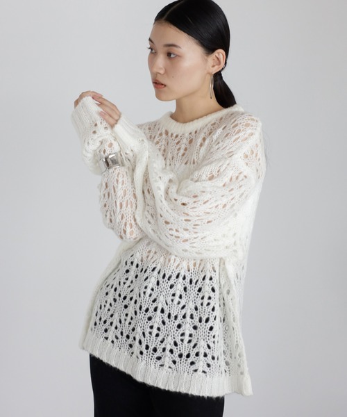 ENC（エンク）の「acrylic mohair low gauge knit / 透かし柄編みアクリルモヘアニット（ニット/セーター・レディース・ダークグレー/アイボリー/ベージュ系その他・FREE）」の10枚目の写真