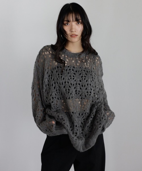 ENC（エンク）の「acrylic mohair low gauge knit / 透かし柄編みアクリルモヘアニット（ニット/セーター・レディース・ダークグレー/アイボリー/ベージュ系その他・FREE）」の14枚目の写真