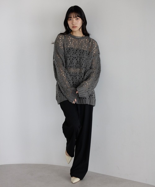 ENC（エンク）の「acrylic mohair low gauge knit / 透かし柄編みアクリルモヘアニット（ニット/セーター・レディース・ダークグレー/アイボリー/ベージュ系その他・FREE）」の15枚目の写真