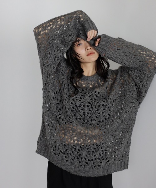 ENC（エンク）の「acrylic mohair low gauge knit / 透かし柄編みアクリルモヘアニット（ニット/セーター・レディース・ダークグレー/アイボリー/ベージュ系その他・FREE）」の16枚目の写真