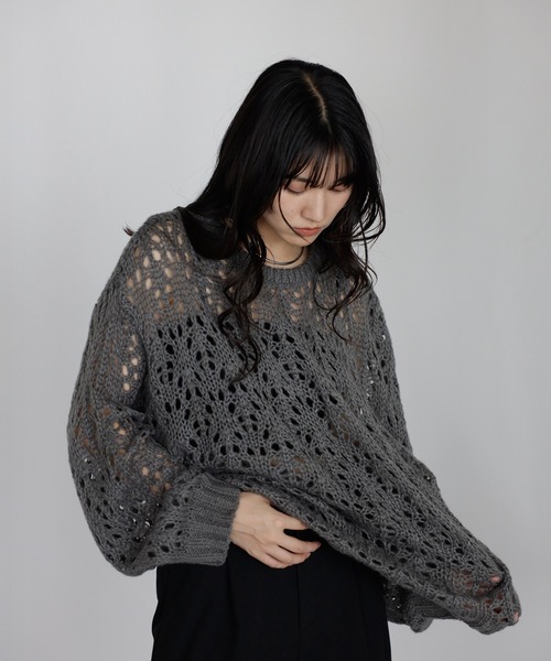ENC（エンク）の「acrylic mohair low gauge knit / 透かし柄編みアクリルモヘアニット（ニット/セーター・レディース・ダークグレー/アイボリー/ベージュ系その他・FREE）」の18枚目の写真