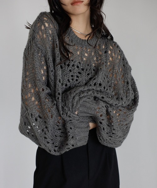 ENC（エンク）の「acrylic mohair low gauge knit / 透かし柄編みアクリルモヘアニット（ニット/セーター・レディース・ダークグレー/アイボリー/ベージュ系その他・FREE）」の19枚目の写真