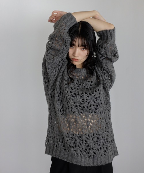 ENC（エンク）の「acrylic mohair low gauge knit / 透かし柄編みアクリルモヘアニット（ニット/セーター・レディース・ダークグレー/アイボリー/ベージュ系その他・FREE）」の21枚目の写真