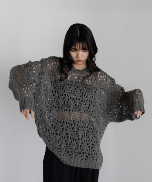 ENC（エンク）の「acrylic mohair low gauge knit / 透かし柄編みアクリルモヘアニット（ニット/セーター・レディース・ダークグレー/アイボリー/ベージュ系その他・FREE）」の22枚目の写真