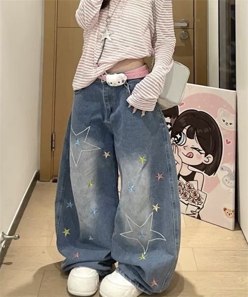 Dream garden(ドリームガーデン)の「星刺繍ワイドシルエットデニムパンツ(デニムパンツ・レディース・ブルー・XL/M/S/L)」の9枚目の写真