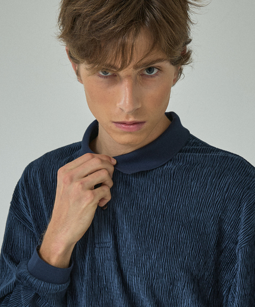 ABAHOUSE（アバハウス）の「ベロアプリーツ ニットポロシャツ / オーバーサイズ（ポロシャツ・メンズ・ブラウン/ネイビー/ブラック・46/48）」の7枚目の写真