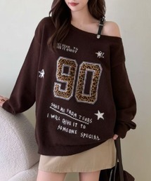 【ゆったりシルエット/3色展開】レオパードナンバー×肩ストラップデザインニット
